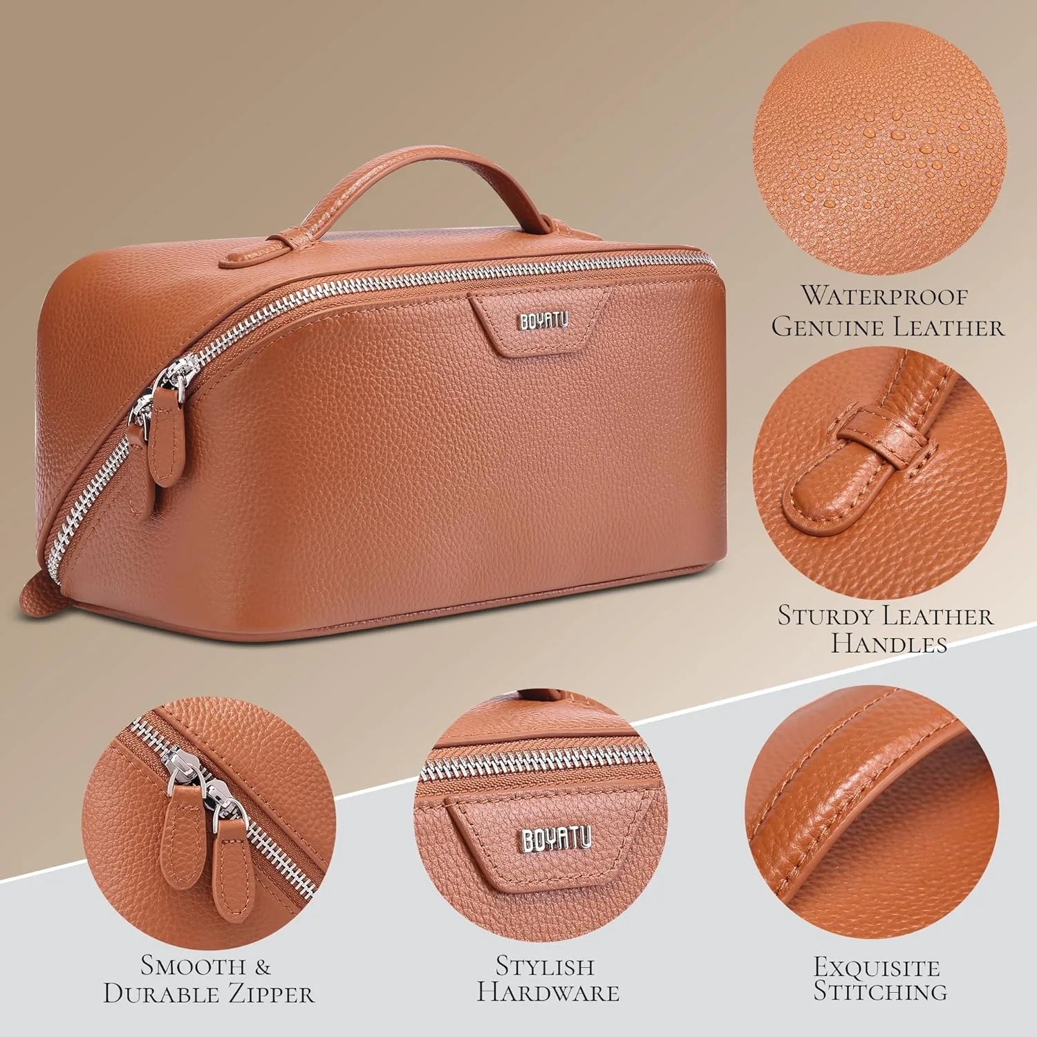 BOYATU Genuine Leather Travel Makeup Bag