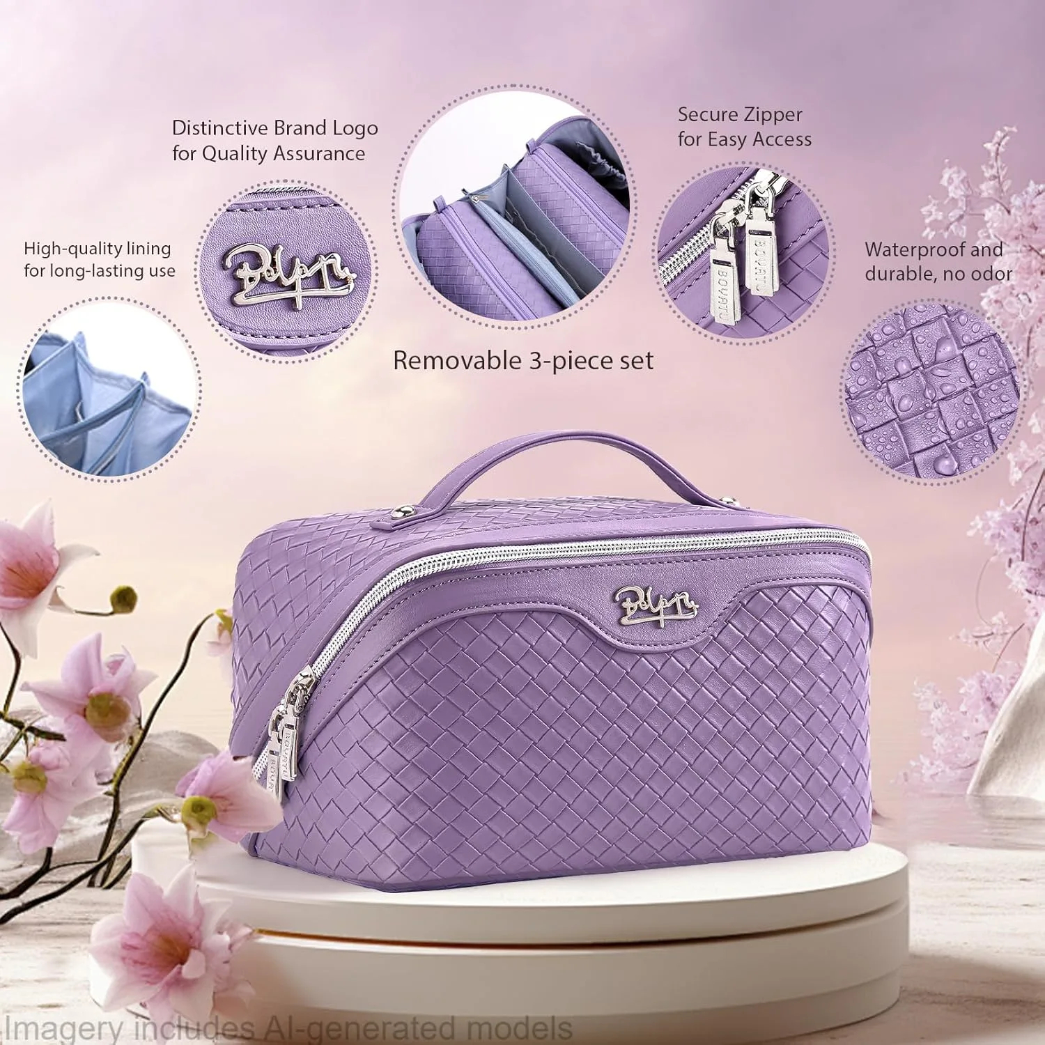 BOYATU 3 Pcs Set Vegan Leather Travel Makeup Bag
