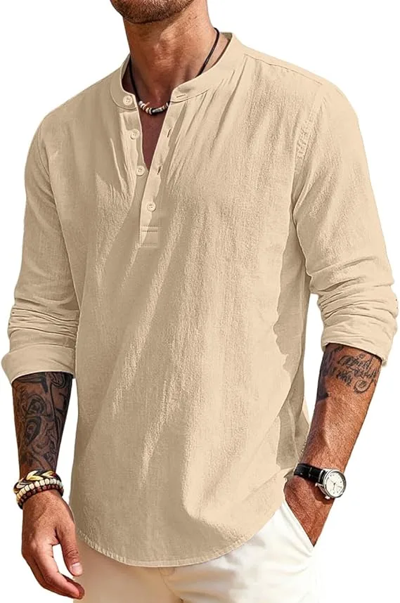 QOSOQ Men's Linen Henley Long Sleeve