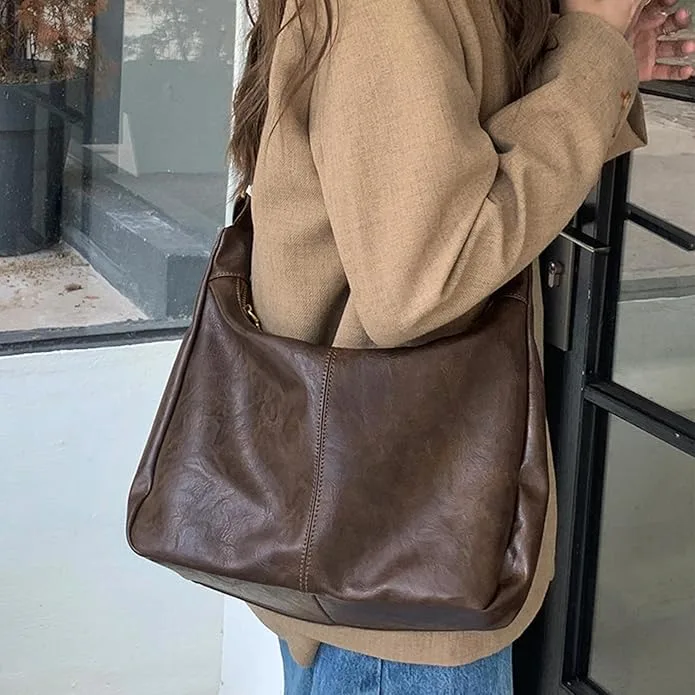 Slouchy Shoulder Bag for Women, Foldable Crossbody Hobo Purse in PU Leather
