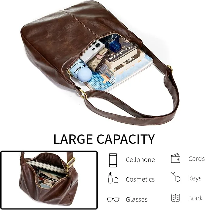 Slouchy Shoulder Bag for Women, Foldable Crossbody Hobo Purse in PU Leather