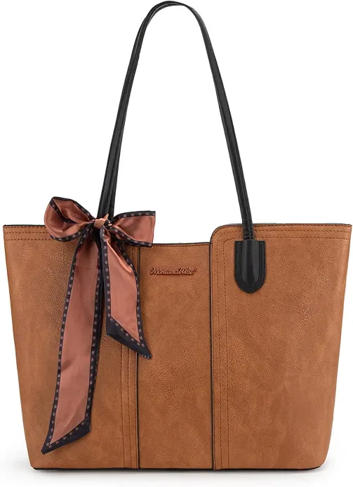 Montana West vintage brown leatherette shoulder tote handbag with ribbon accent