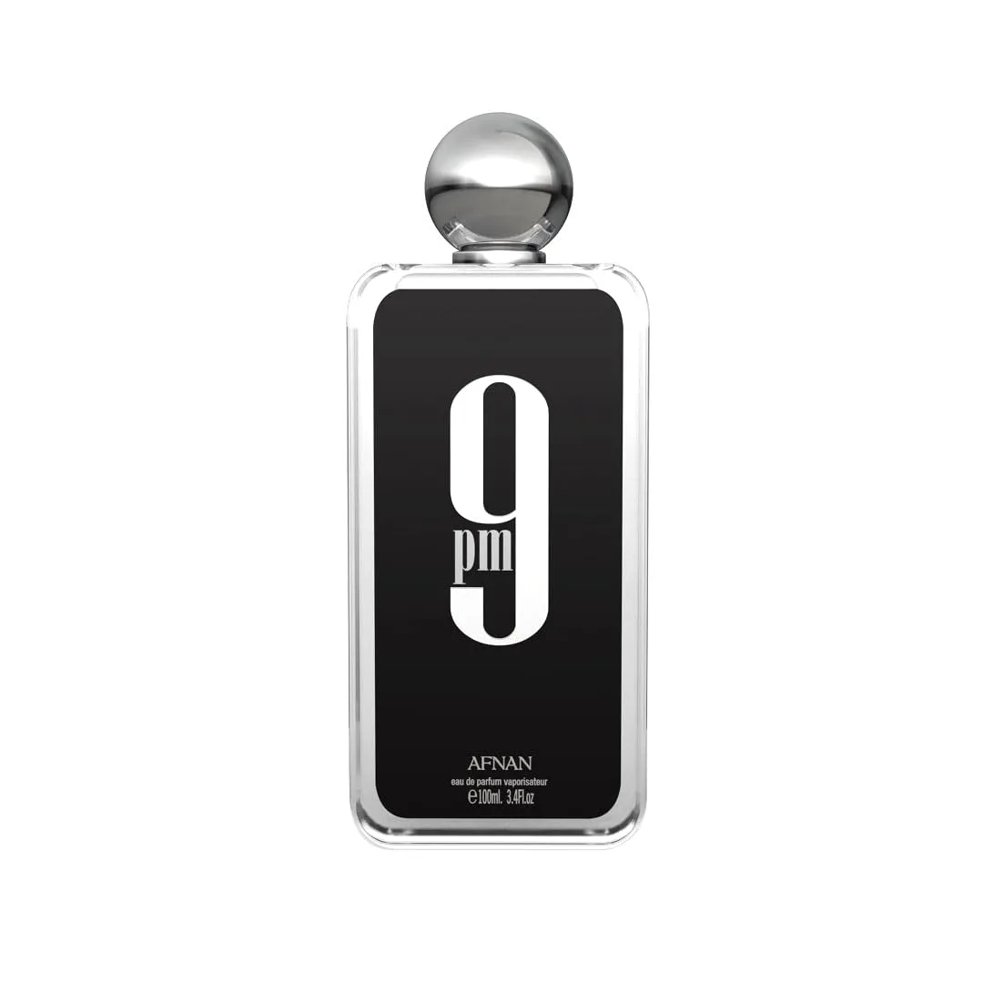 Afnan 9 PM Eau De Parfum heavy glass bottle front view with black cap