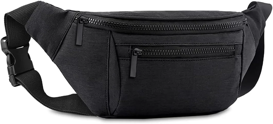 AIKENDO canvas waist bag for men showing compact front view and zip pockets