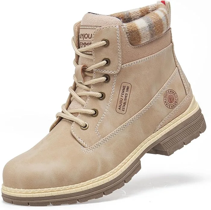 ANJOUFEMME waterproof winter hiking ankle boots in tan front three quarter view
