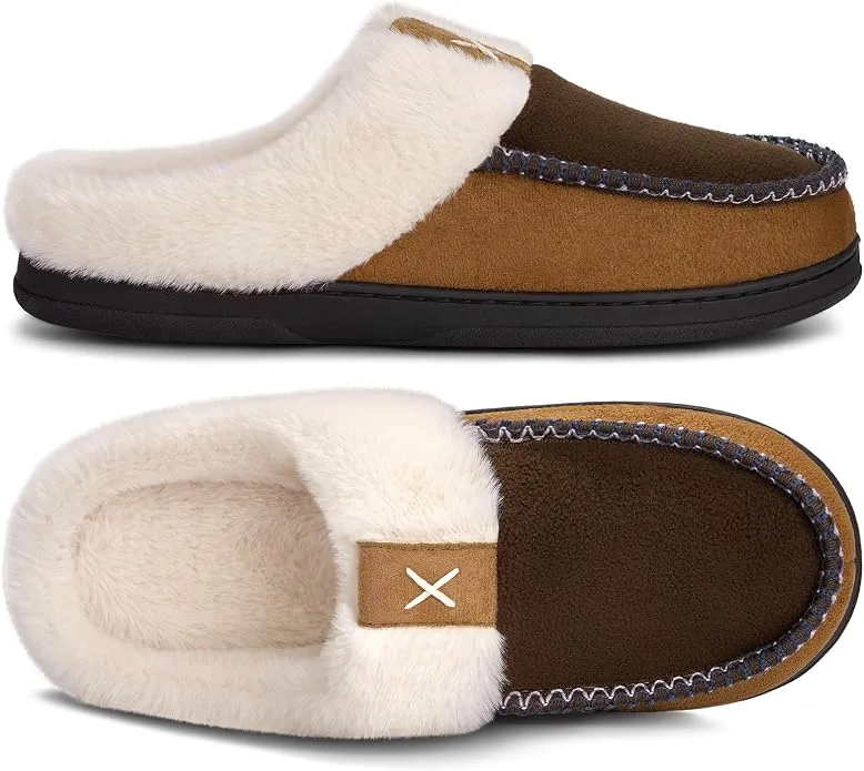 ATHMILE two-tone suede moccasin house slippers with cozy fleece lining