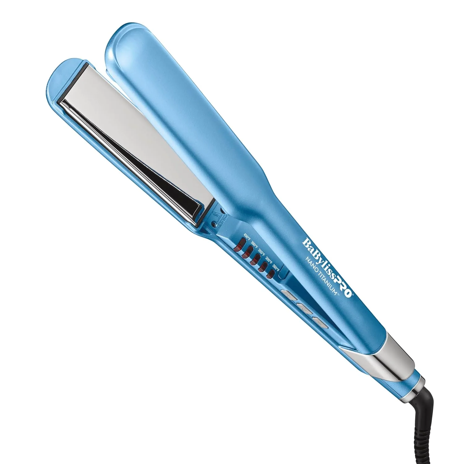 BaBylissPRO Nano Titanium ultra sleek flat iron side profile view on blue background