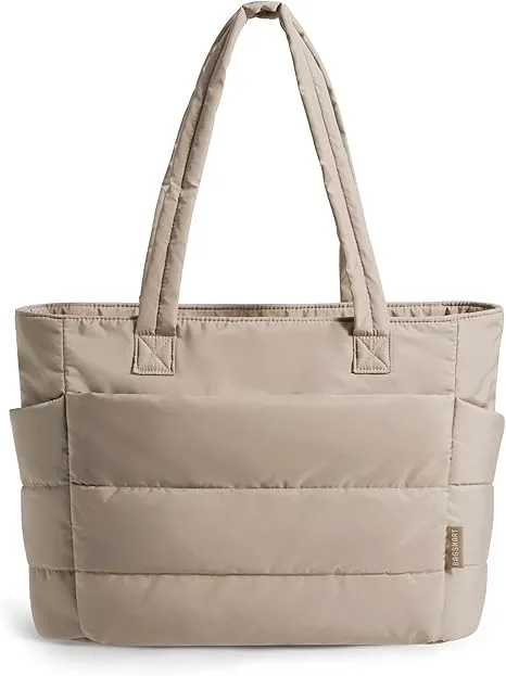 BAGSMART beige quilted puffer tote bag standing upright in studio view