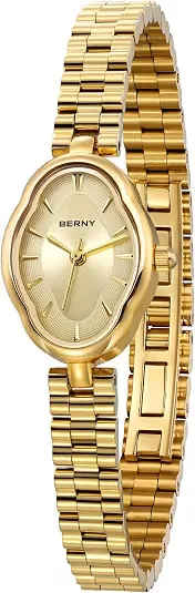 BERNY dainty gold quartz watch with unique wavy scalloped oval case