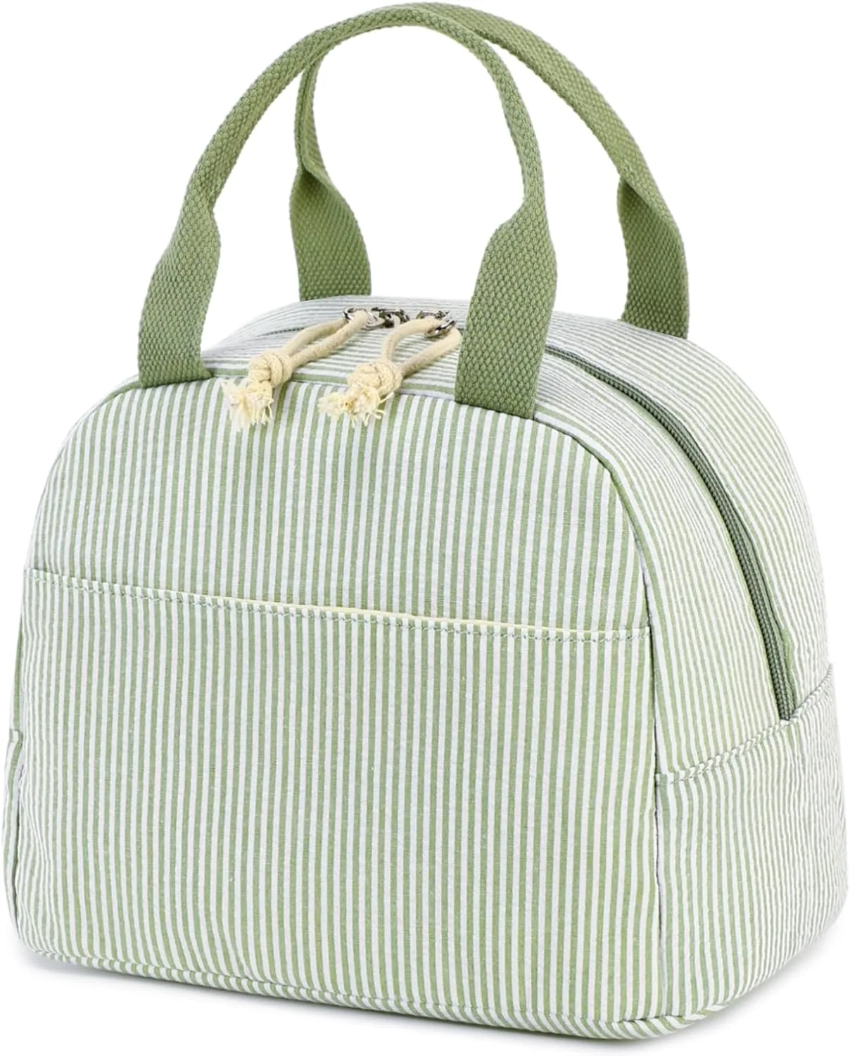 Bluboon cute insulated lunch bag in sage green and white stripes