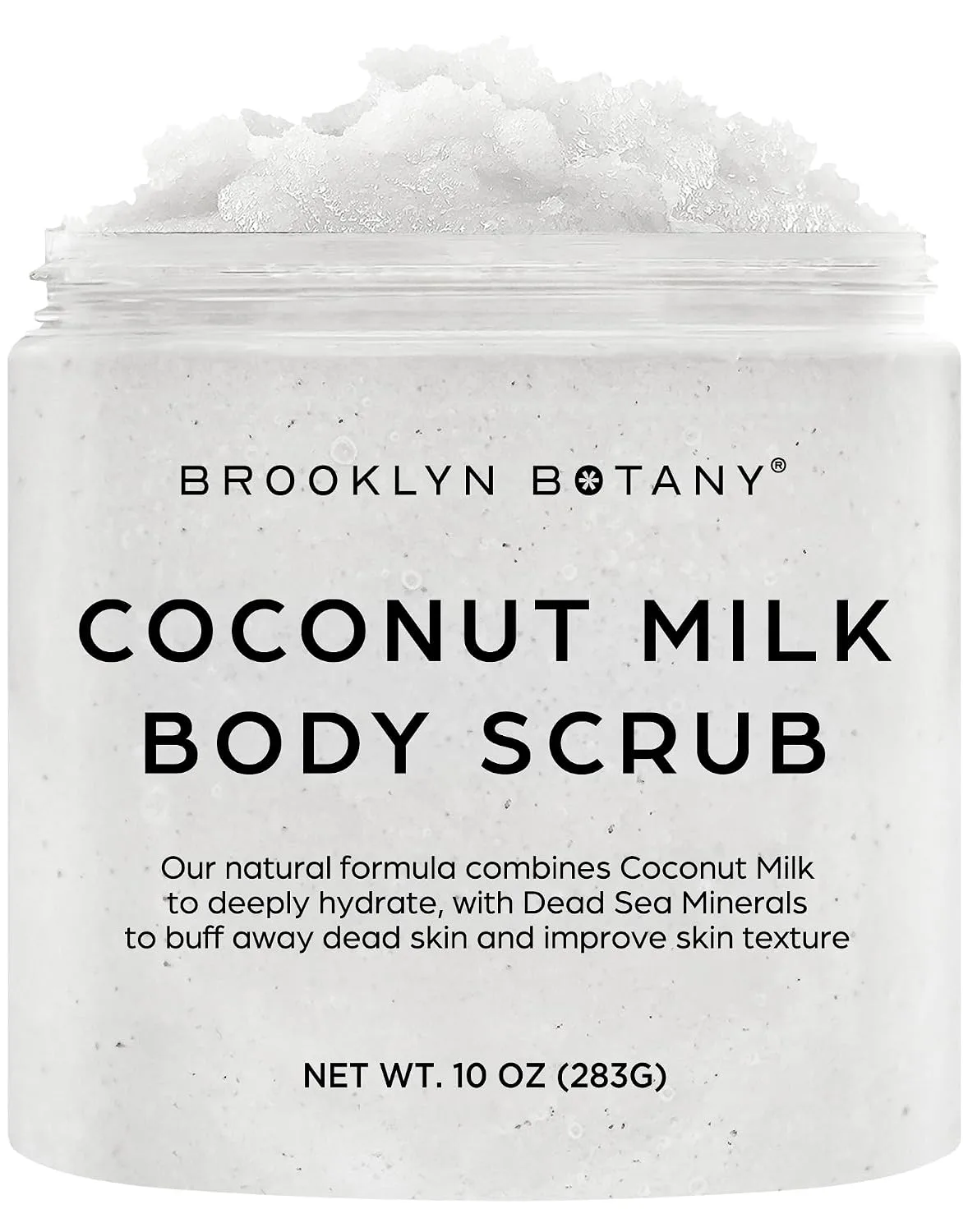 Brooklyn Botany Coconut Milk body scrub open jar showing rich creamy moisturizing formula