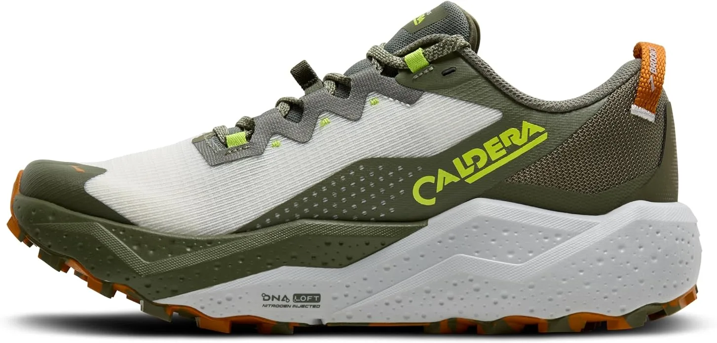 Brooks Caldera trail running shoe lateral side profile view showing thick max cushion midsole