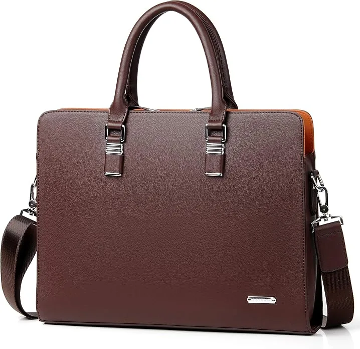 FSD.WG brown leather business briefcase front view with detachable shoulder strap