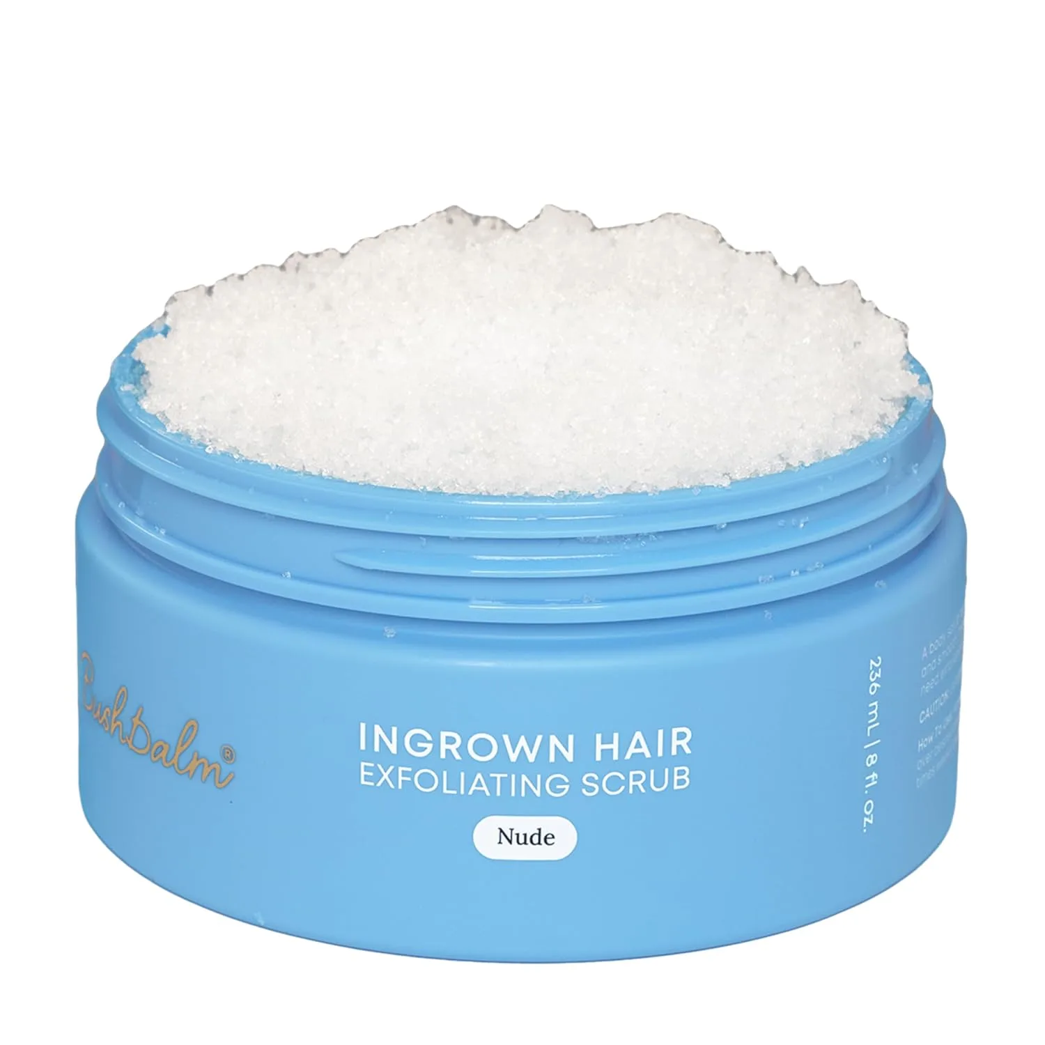 Bushbalm Nude ingrown hair exfoliating scrub open jar showing fine exfoliating sugar blend