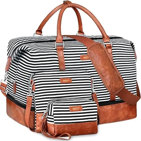 IBFUN twenty one inch striped canvas weekender bag with matching crossbody bag and pouch