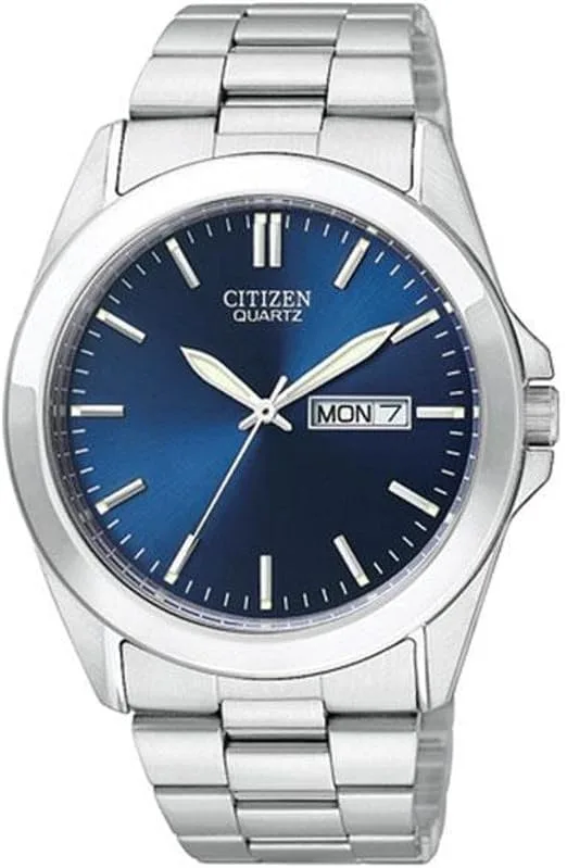 Citizen mens blue dial stainless steel quartz watch with day date window