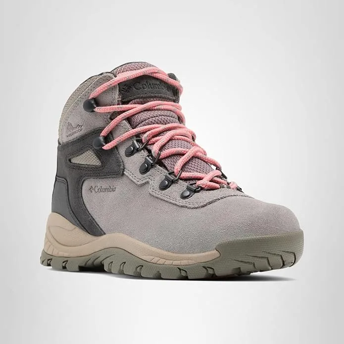 Columbia Newton Ridge Plus waterproof hiking boots in grey and pink front view