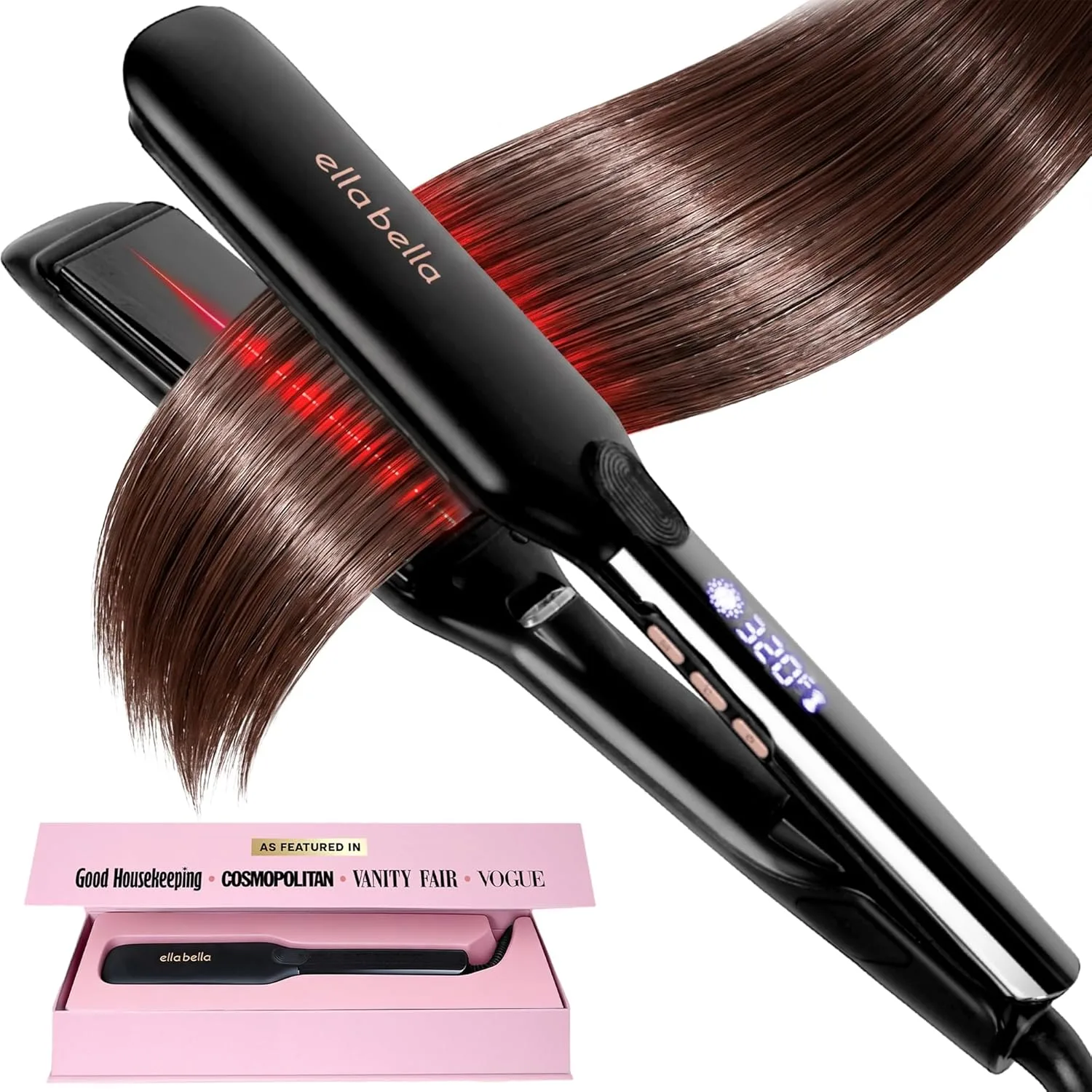 Ella Bella titanium flat iron hero view with luxury box packaging display