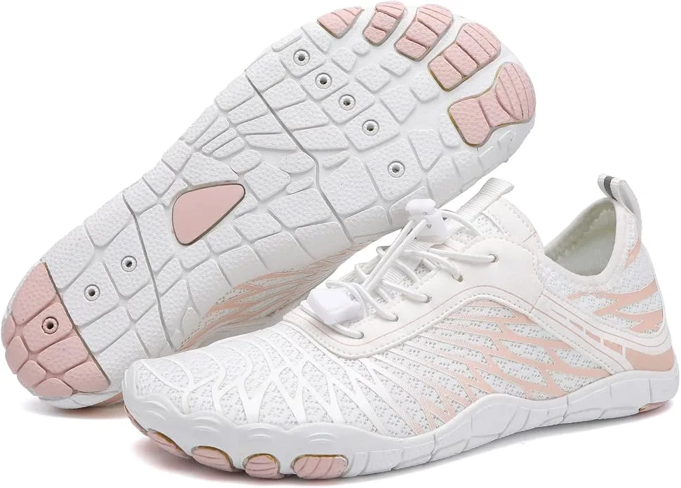 EWUHA barefoot minimalist walking shoes white and pink pair showing traction tread outsole