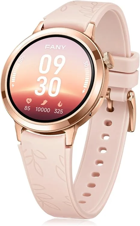 FANY Luna elegant womens smartwatch full view with floral embossed silicone strap