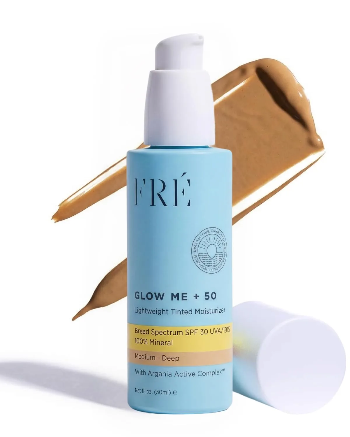 FRE GLOW ME Plus SPF 50 Tinted Mineral Sunscreen pump bottle