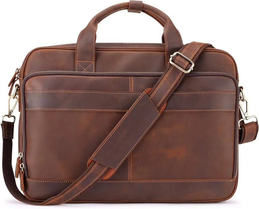 Jack&Chris full grain leather briefcase front straight view with shoulder strap