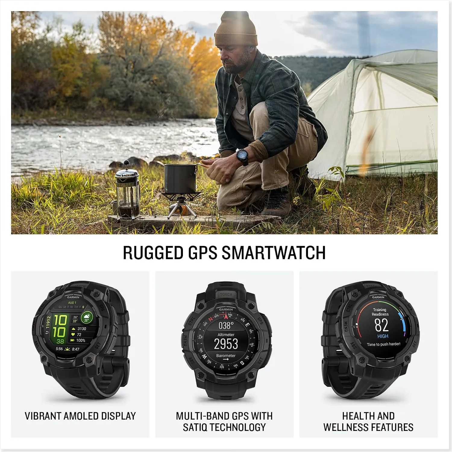 Garmin Instinct 3 AMOLED, Rugged GPS Smartwatch, 45mm, Black