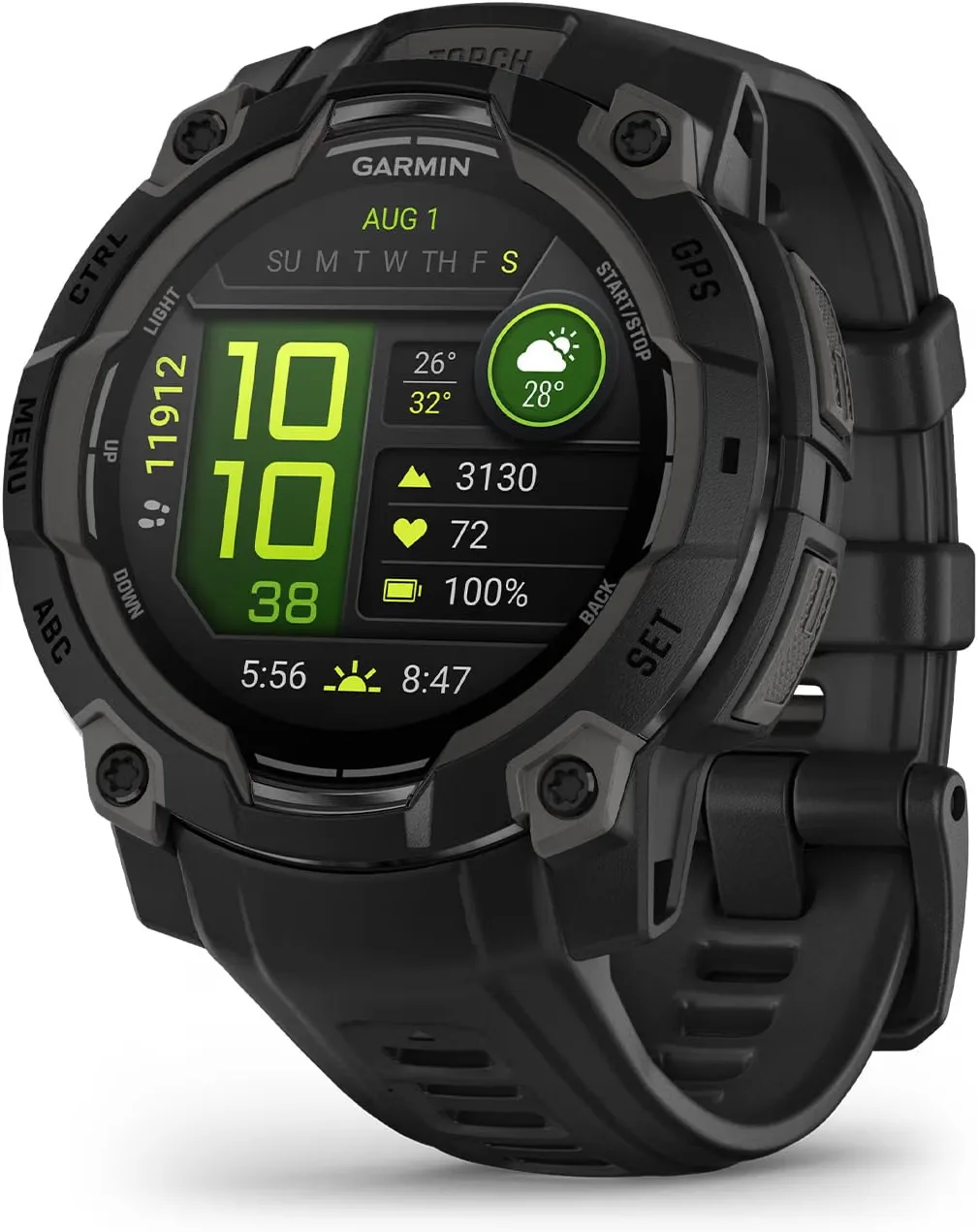 Garmin Instinct 3 rugged GPS outdoor smartwatch in black case angled front view