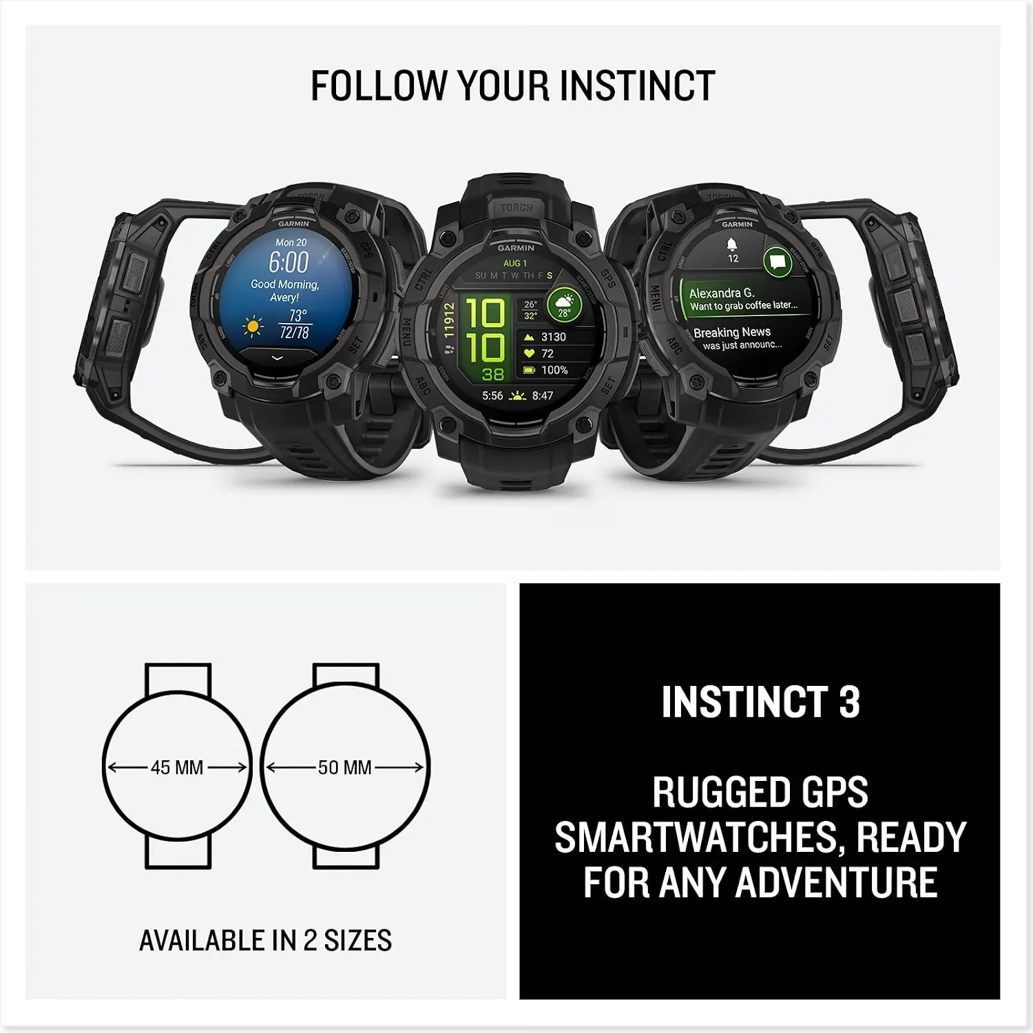 Garmin Instinct 3 AMOLED, Rugged GPS Smartwatch, 45mm, Black