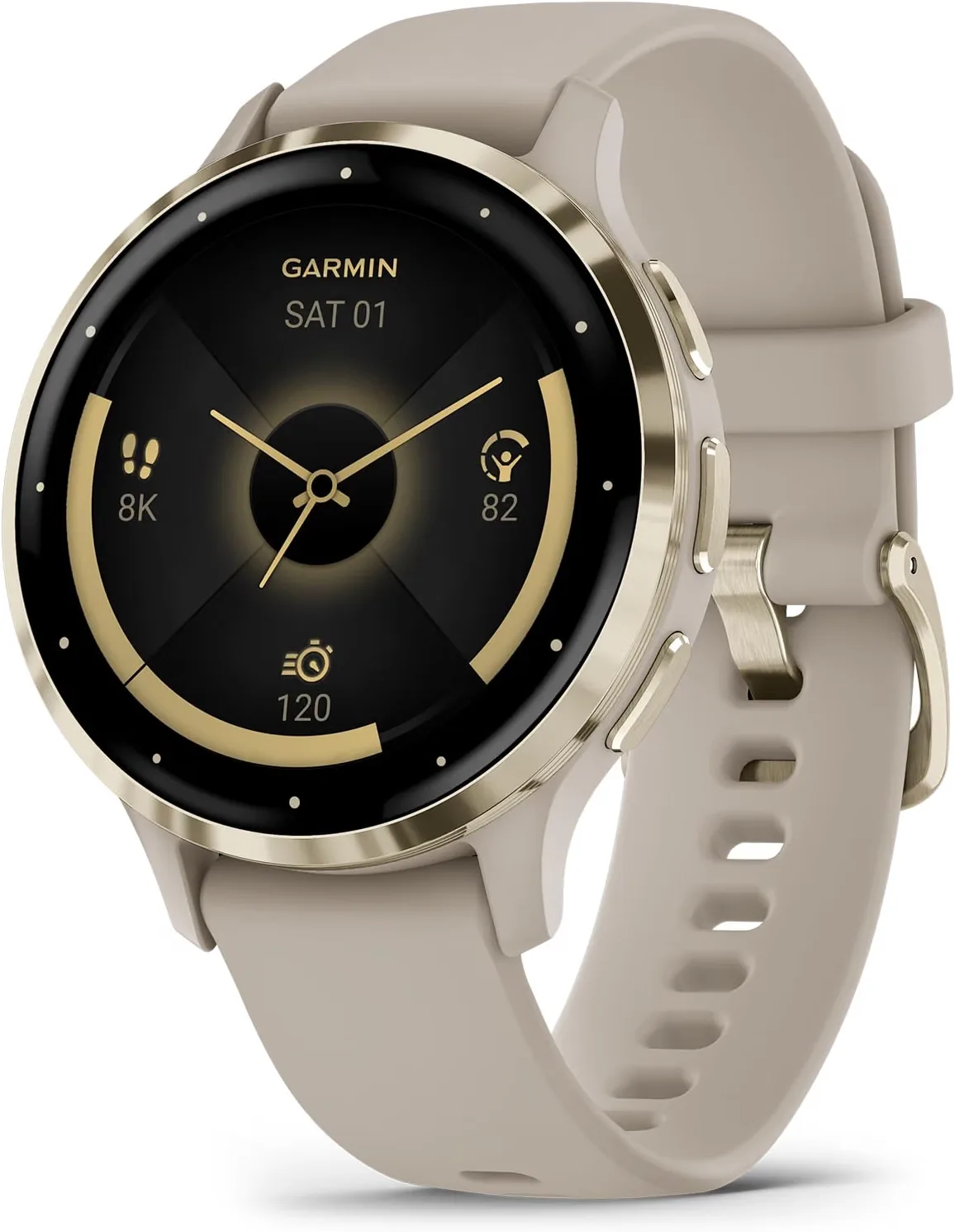 Garmin Venu 3S smartwatch with French Gray band and gold bezel showing Body Battery display