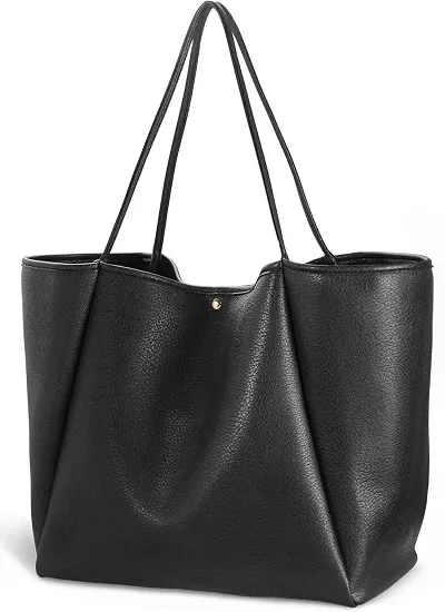 HOXIS oversized black soft vegan leather tote bag for women travel