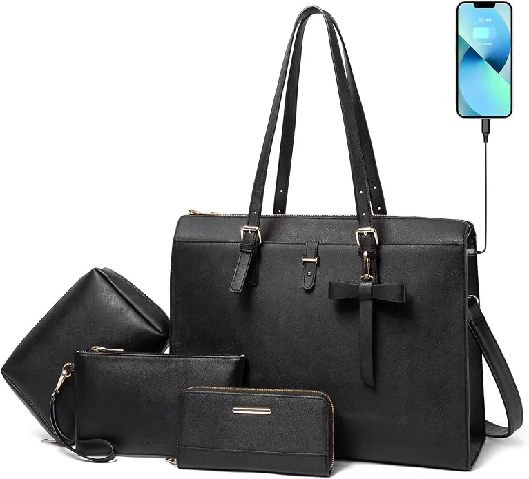 Keyli black leather laptop tote bag 4-piece set with matching pouches