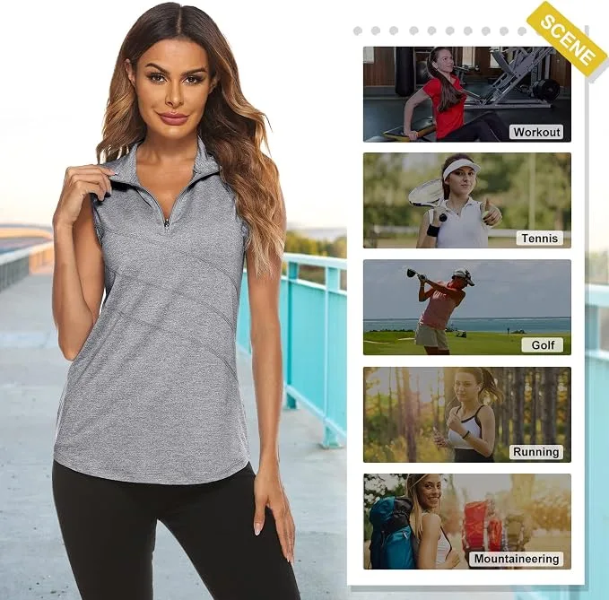 Koscacy Women's Sleeveless Golf Tennis Polo Shirts Zip Up