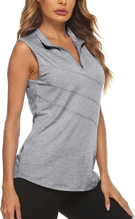 Koscacy women sleeveless golf polo top with quarter zip collar