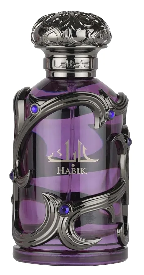 Lattafa Habik Eau De Parfum sculptural brown and gold bottle front view