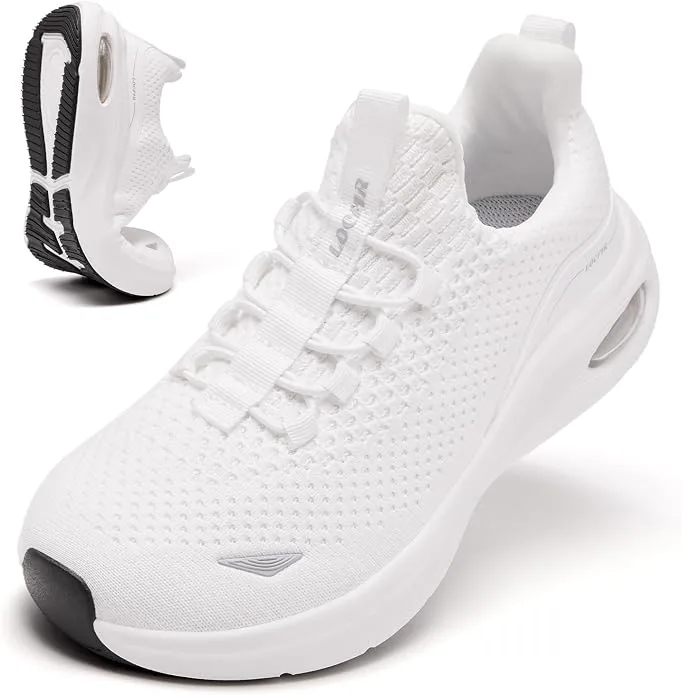 LOCFIR wide toe box zero drop white slip on walking sneaker angled view