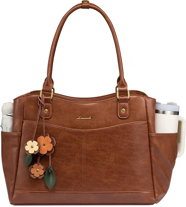 LOVEVOOK vintage brown leather work tote bag with decorative floral pendant charm