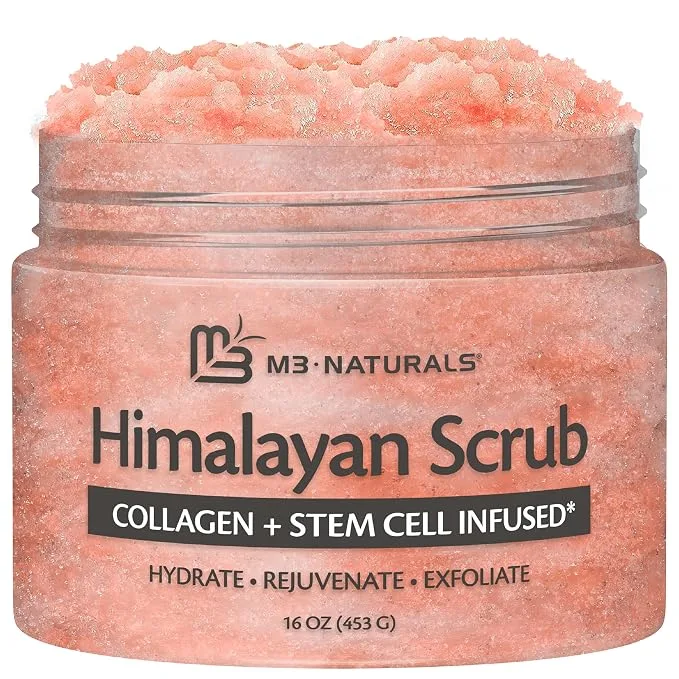 M3 Naturals Himalayan salt body scrub sixteen ounce jar with collagen and stem cells