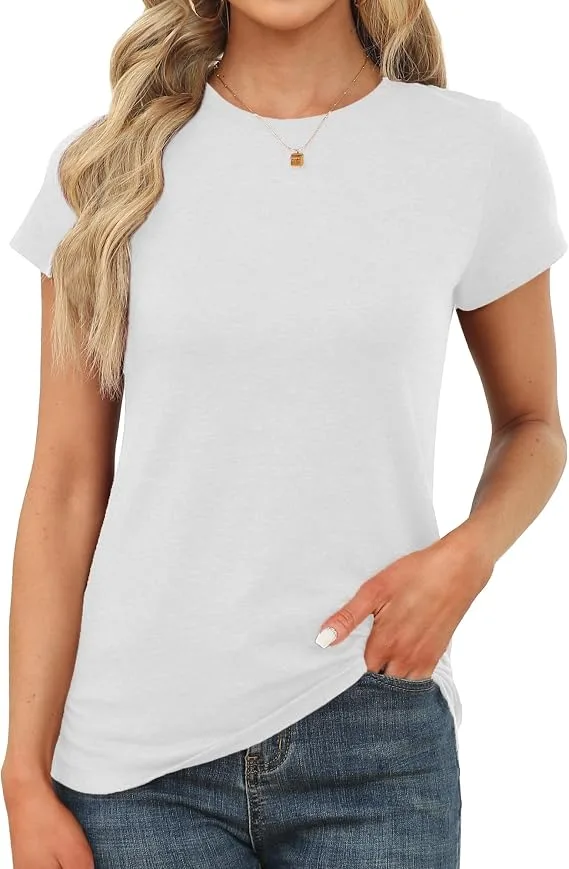Memorose women stretchy crewneck short sleeve plain white basic t-shirt
