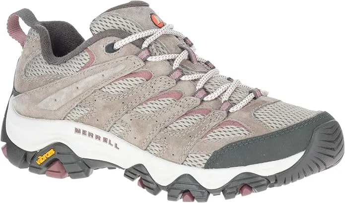 Merrell Moab 3 hiking shoes in taupe and burgundy side profile view