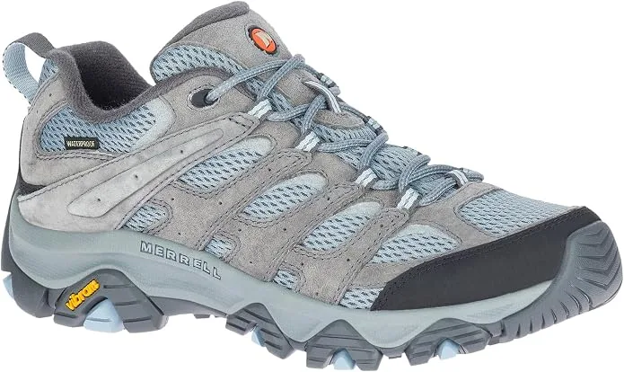Merrell Moab 3 waterproof low hiking shoes in grey and blue front view
