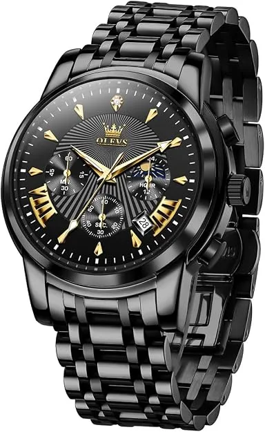 OLEVS mens black stainless steel chronograph quartz watch gold accents