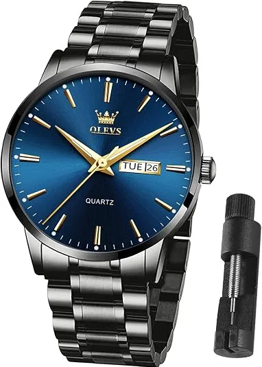 OLEVS mens blue dial gold tone stainless steel analog dress watch