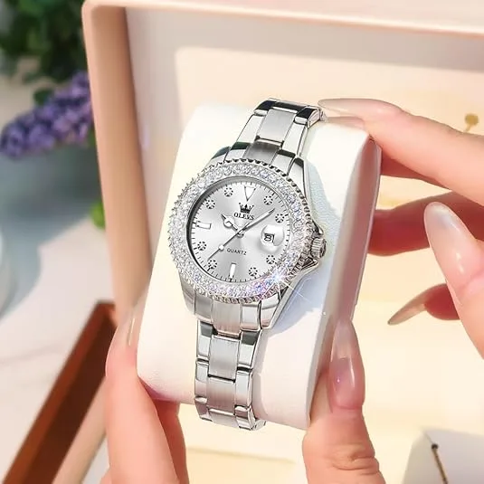 OLEVS Silver Stainless Steel Diamond