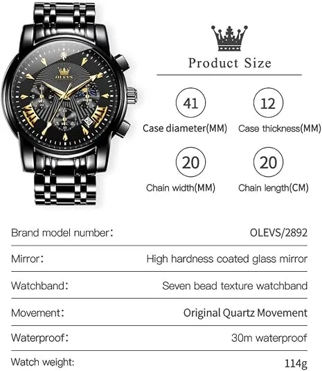 OLEVS Men Watches Luxury Waterproof Luminous Easy Read Chronograph Watches Full Gold