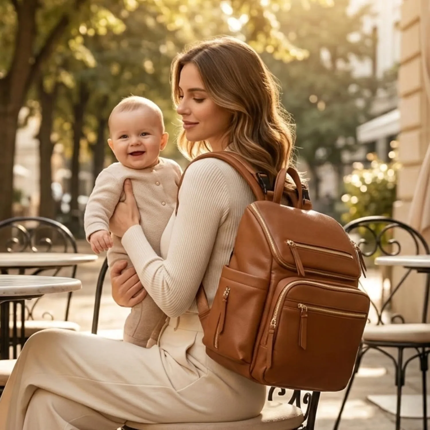 Omanmoli Large Leather Diaper Bag Backpack with 17 Pouches