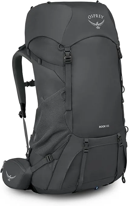 Osprey Rook 65L backpacking backpack standing upright in front angle view