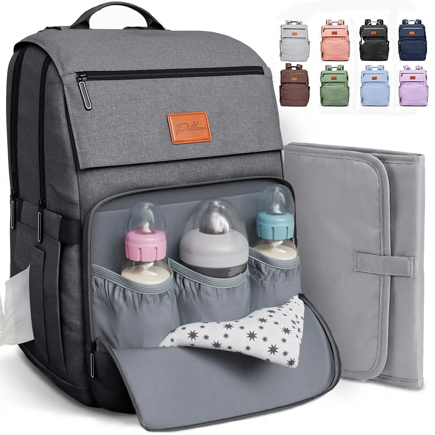 Pillani unisex baby diaper bag backpack in dark grey with waterproof fabric