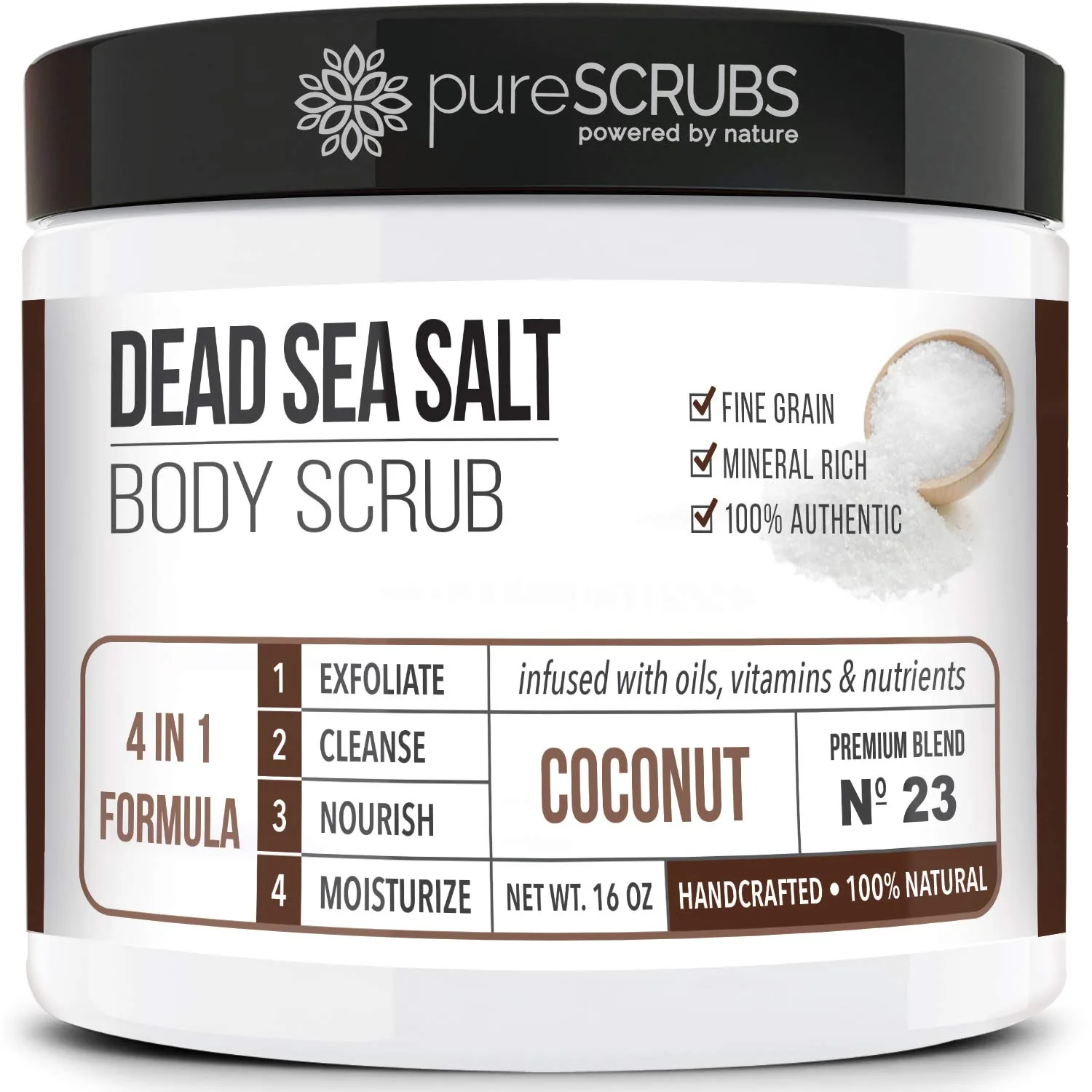 pureSCRUBS Coconut Dead Sea Salt body scrub jar with organic botanical oils label