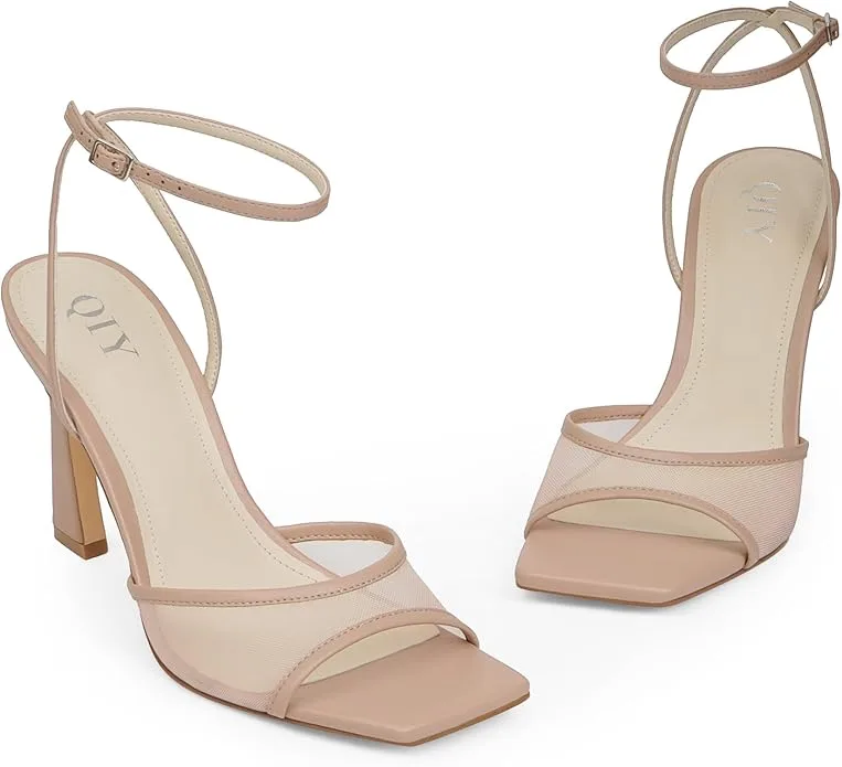 QIY Strappy Heels for Women Heeled Sandals Square Toe Heel
